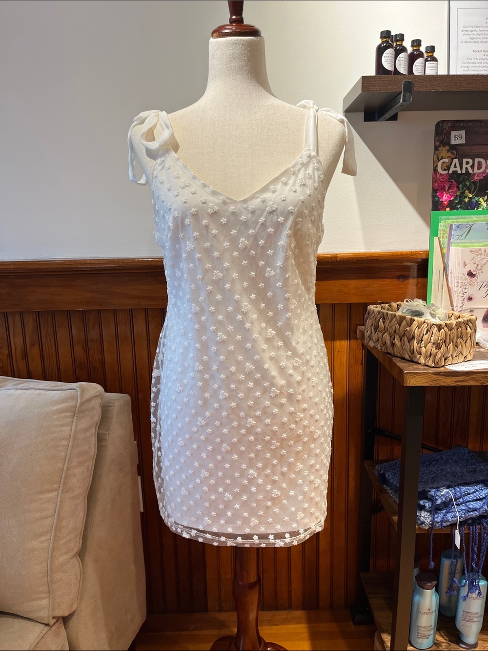 White Floral Swiss Dot Tie-Shoulder Mini Dress